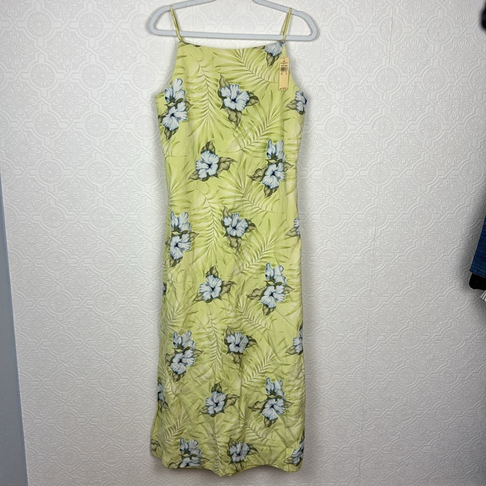 NWT Tommy Bahama 100% Linen Hibiscus Hula High School Neck Dress Maxi Lime Pop